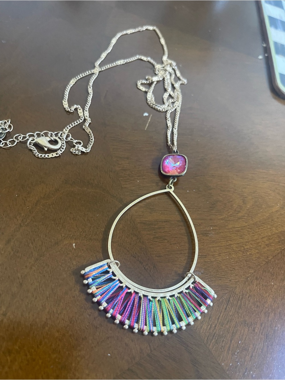 Pink Panache Teardrop Pendant Necklace With Multicolor Thread Fringe View 2